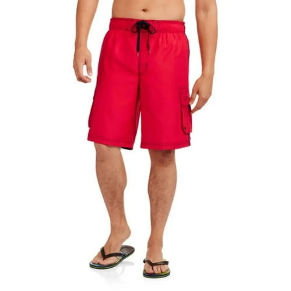 NWT Mens Size 2XL Ocean Pacific OP Red Elastic Waist Solid Cargo Swim Trunks NEW